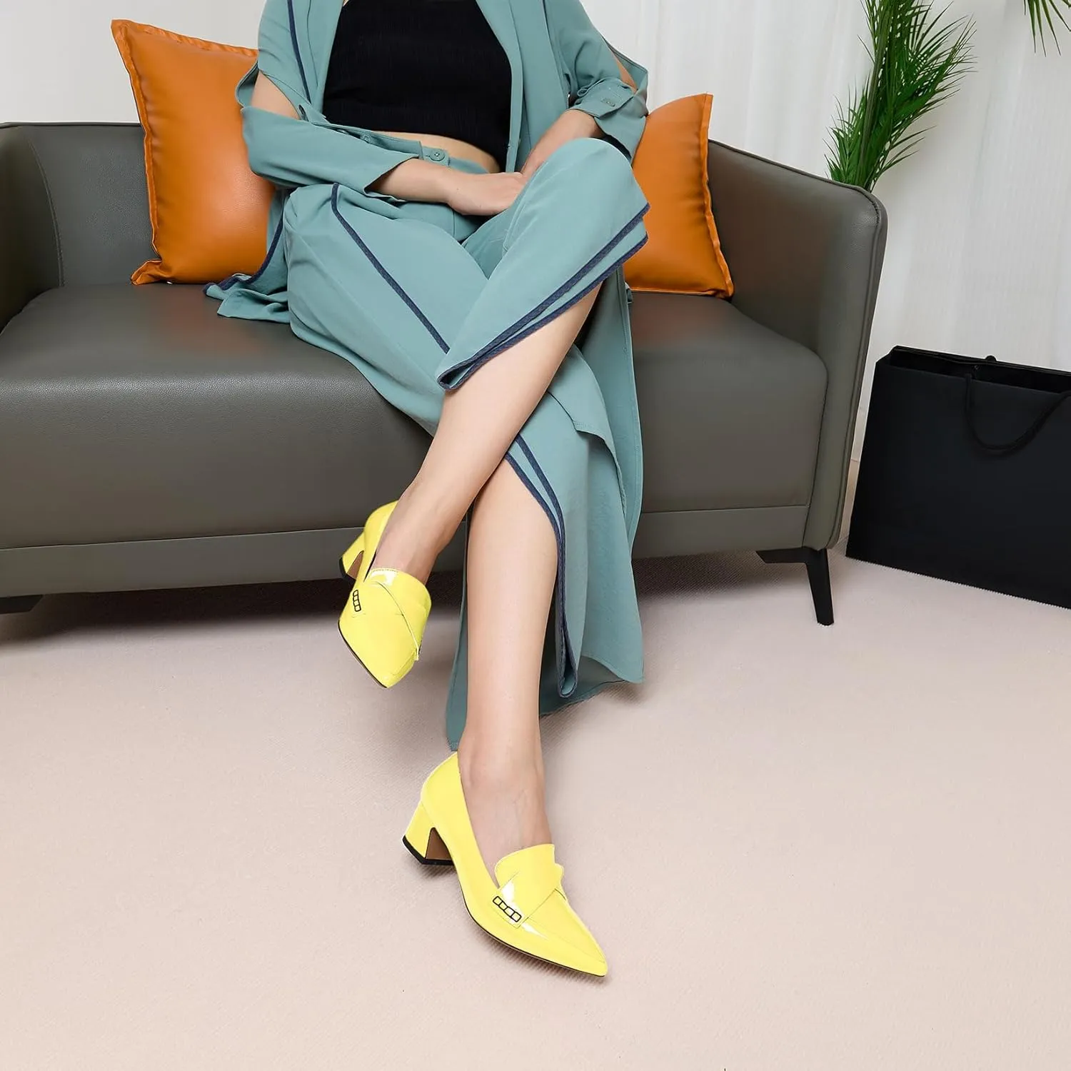 Aachcol Womens Chunky Block Low Heel Pointed Toe Pumps Slip-on Loafers Shoes Prom Office Dress Basic Classic Patent Leather 2.0 Inches Heels