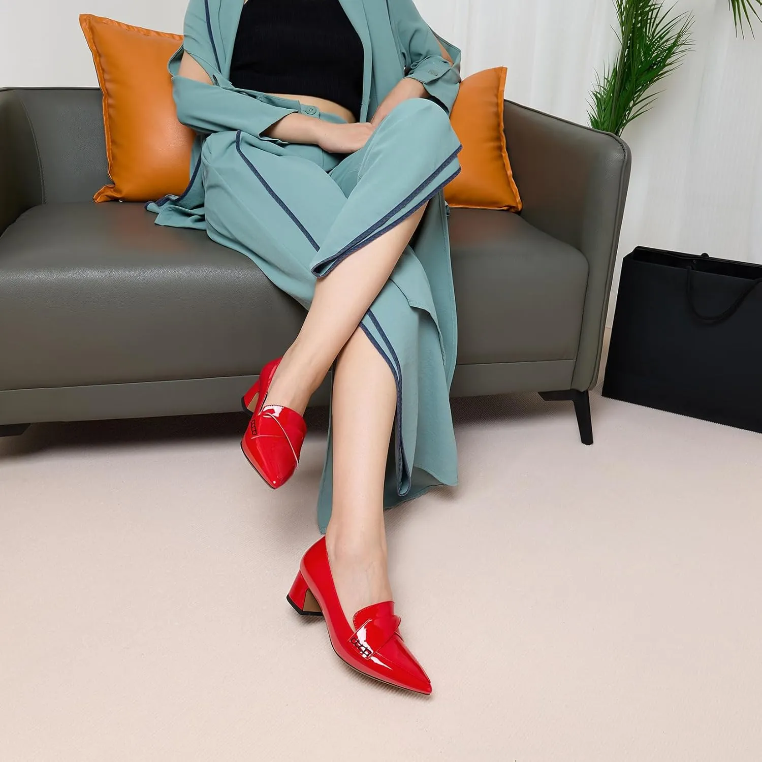 Aachcol Womens Chunky Block Low Heel Pointed Toe Pumps Slip-on Loafers Shoes Prom Office Dress Basic Classic Patent Leather 2.0 Inches Heels