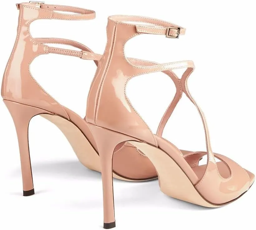 Arqa Square Toe Heeled Sandals Ankle Buckle High Heels Wedding Party Dress Stilettos
