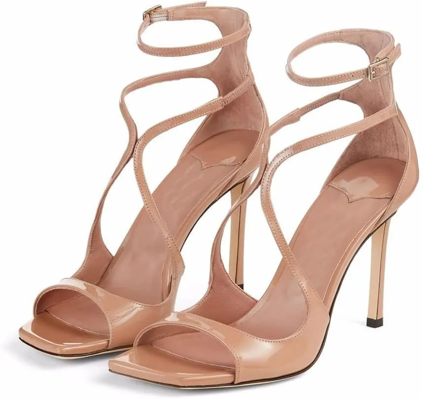Arqa Square Toe Heeled Sandals Ankle Buckle High Heels Wedding Party Dress Stilettos
