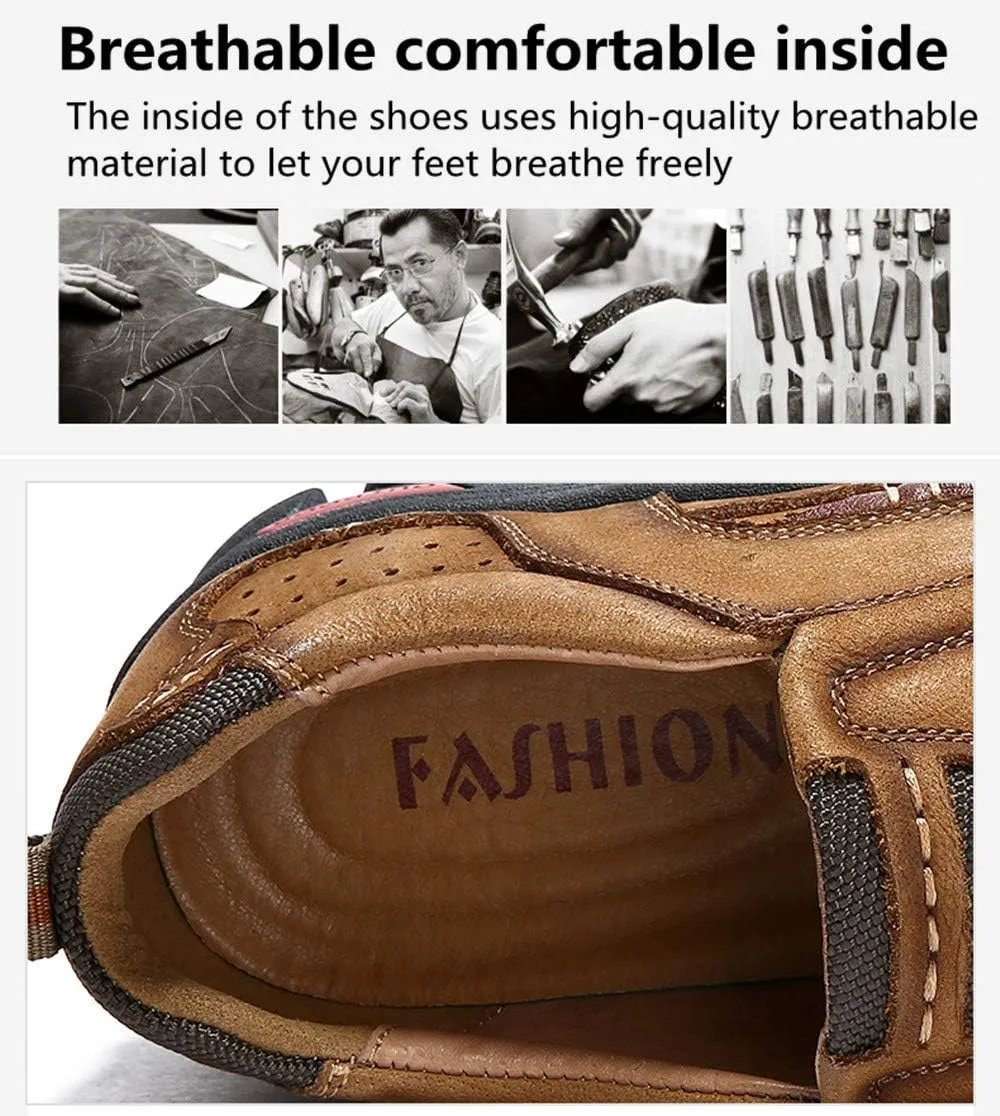 Asifn Men's Leather Comfortable Outdoor Hiking Casual Shoes Breathable Fashionable Wearable Driving Luxury Slip On Leather Shoes Business Office Outdoor Loafers