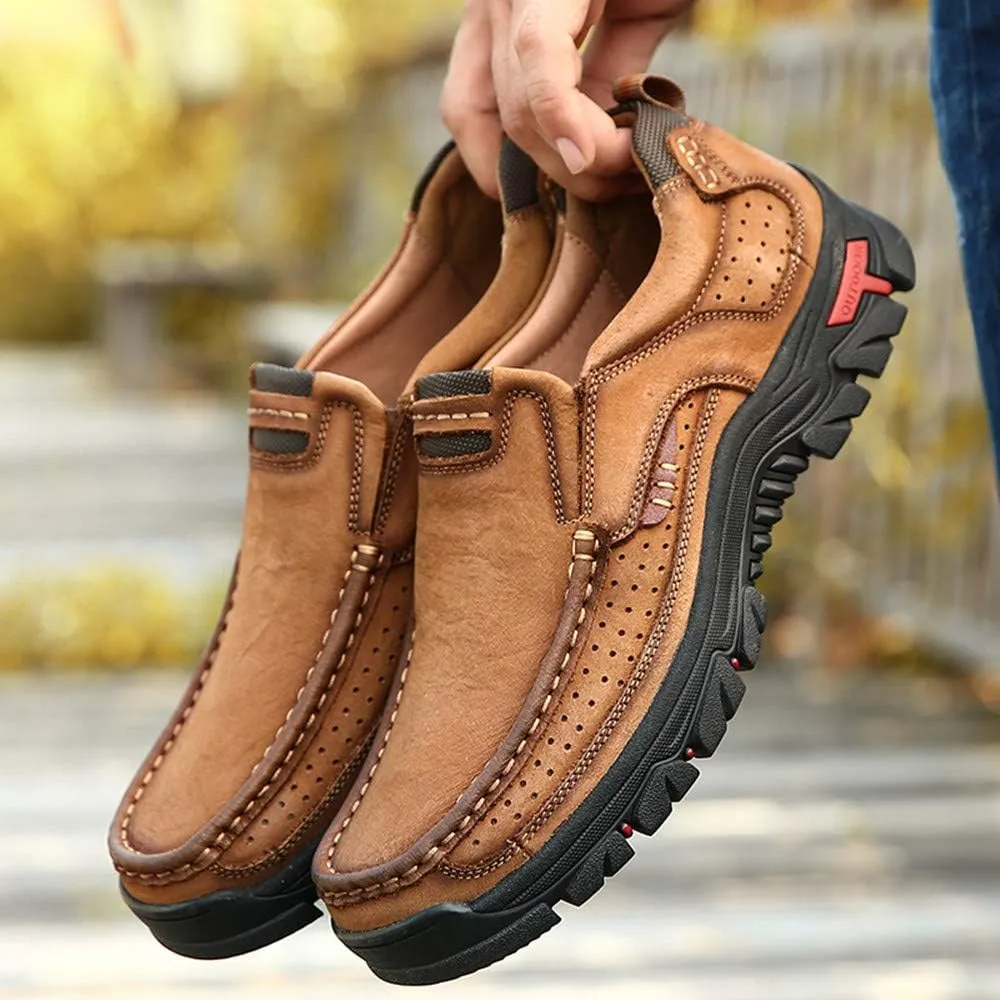 Asifn Men's Leather Comfortable Outdoor Hiking Casual Shoes Breathable Fashionable Wearable Driving Luxury Slip On Leather Shoes Business Office Outdoor Loafers