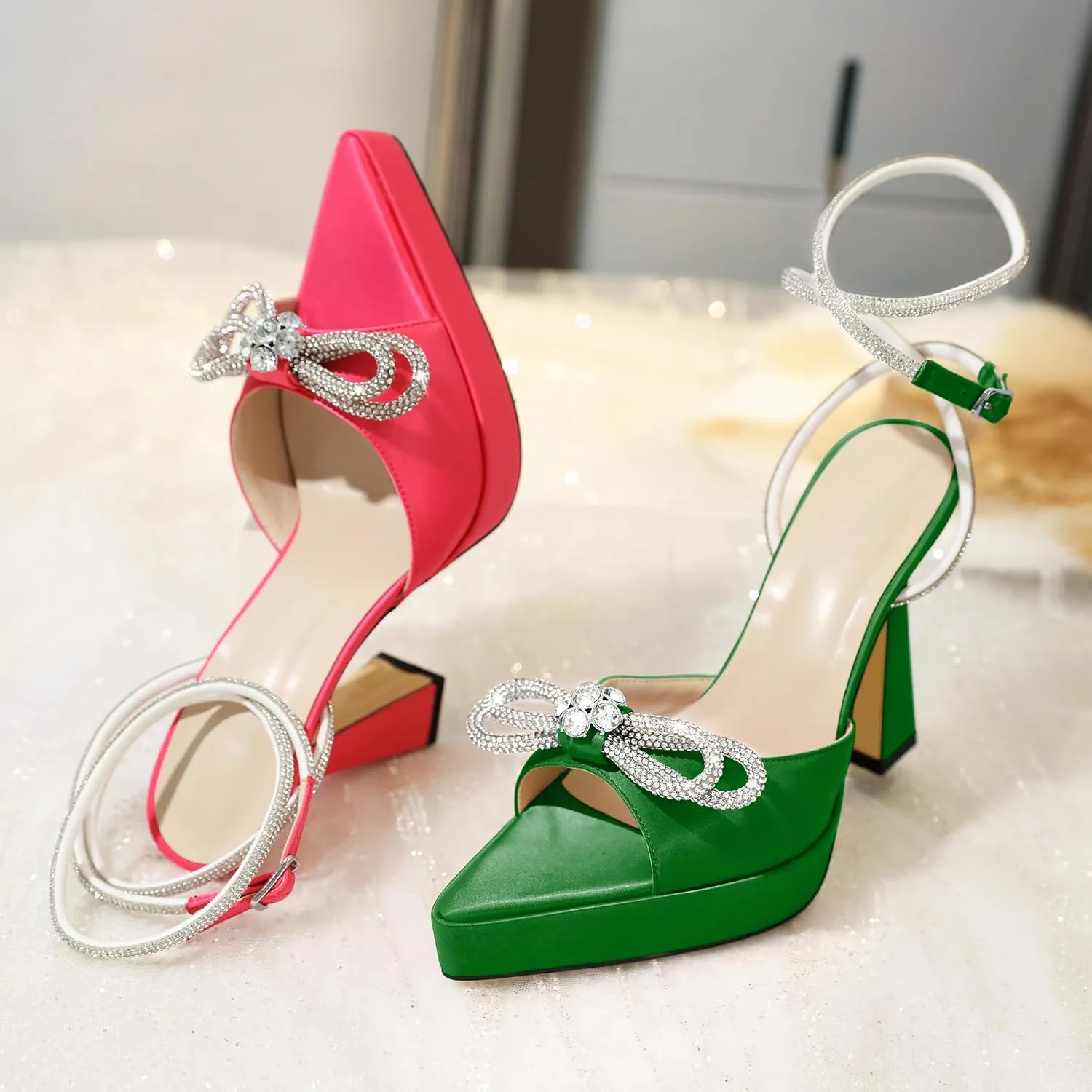 AUMOTED Women Platform Pumps High Heels Rhinestone Double Bows Heels Pointed Toe Satin Block Pumps Ankle Strap Crystals Lace Up Wedding Sandals Shoes 4.7 Inch