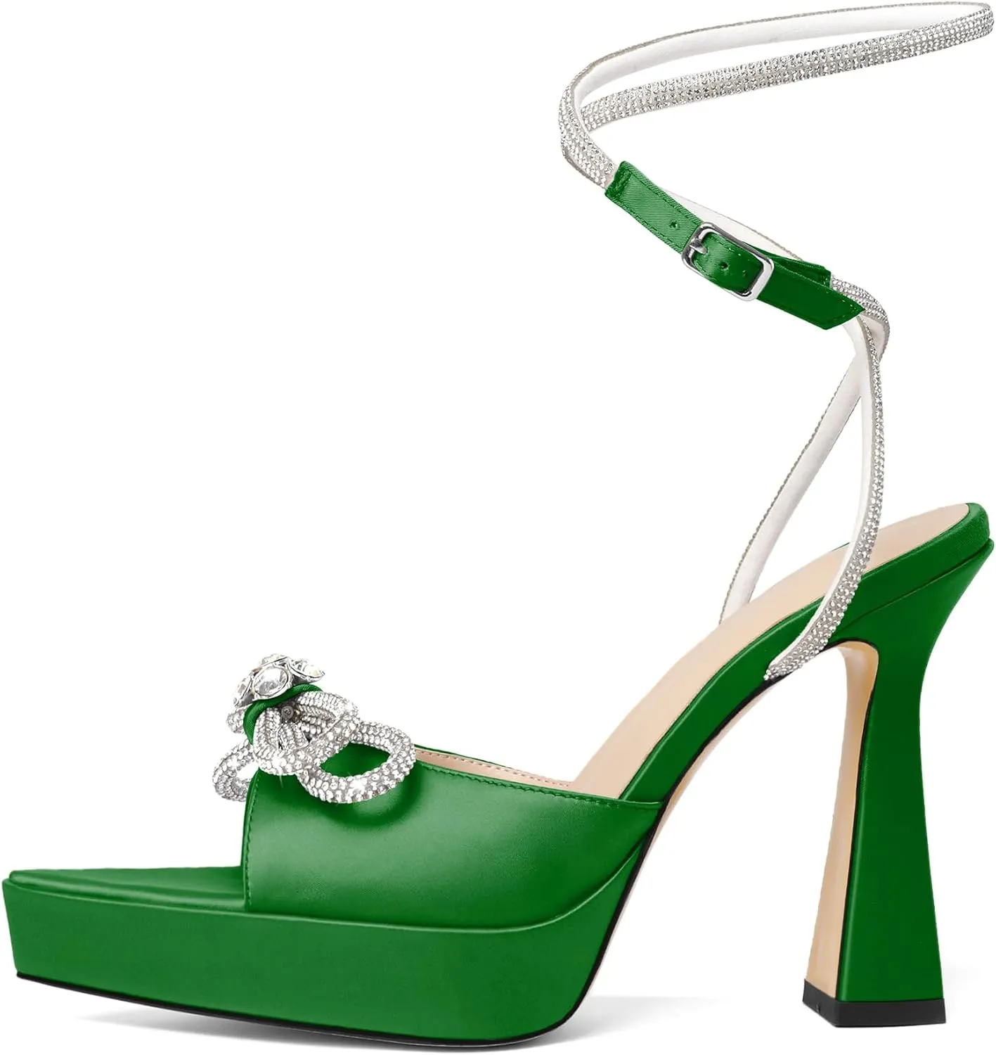 AUMOTED Women Platform Pumps High Heels Rhinestone Double Bows Heels Pointed Toe Satin Block Pumps Ankle Strap Crystals Lace Up Wedding Sandals Shoes 4.7 Inch