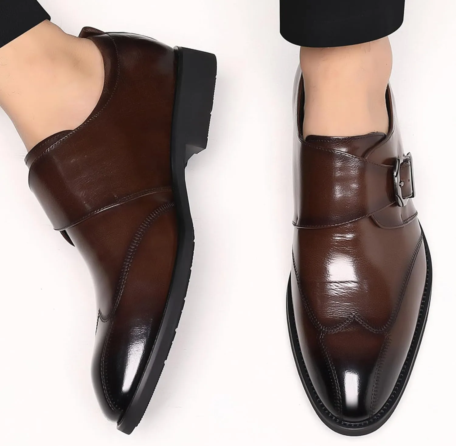 Black Work Shoes Men Business Casual Men Leather Shoes Fashionable New Pattern Simple and Pure Color Pointed Toe Low Heel Buckle Strap Business Comfortable Shoes Brown Shoelaces for Men Dress Shoes
