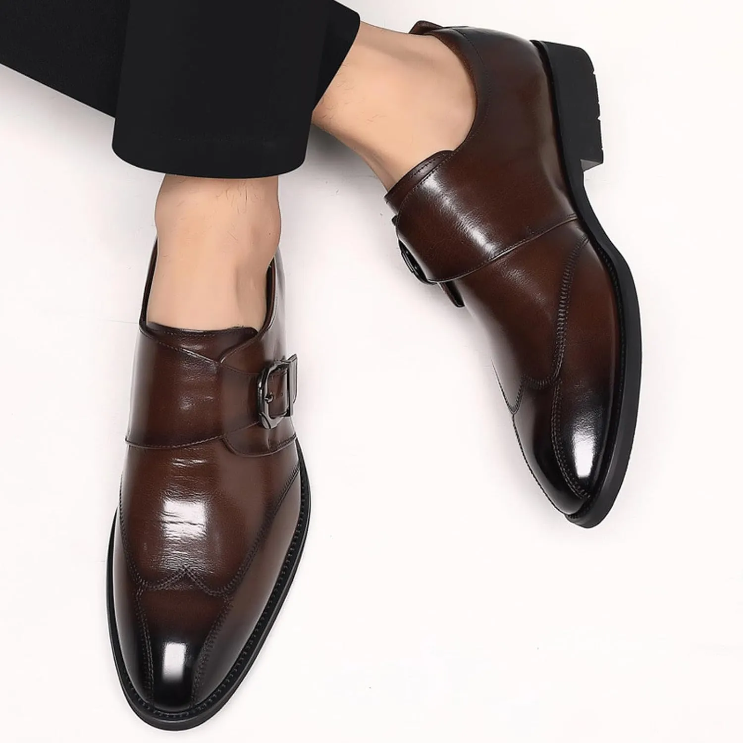 Black Work Shoes Men Business Casual Men Leather Shoes Fashionable New Pattern Simple and Pure Color Pointed Toe Low Heel Buckle Strap Business Comfortable Shoes Brown Shoelaces for Men Dress Shoes