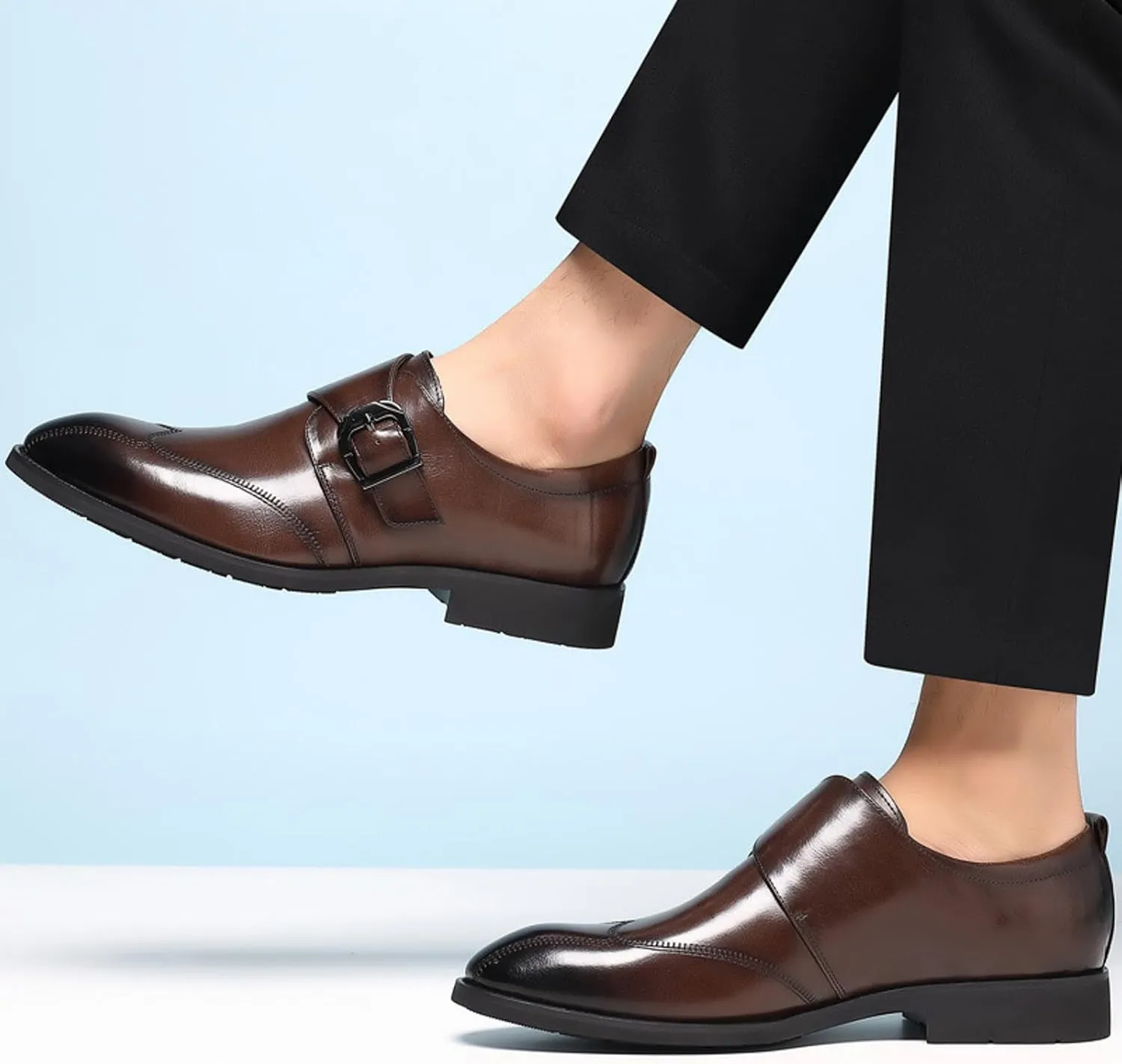 Black Work Shoes Men Business Casual Men Leather Shoes Fashionable New Pattern Simple and Pure Color Pointed Toe Low Heel Buckle Strap Business Comfortable Shoes Brown Shoelaces for Men Dress Shoes