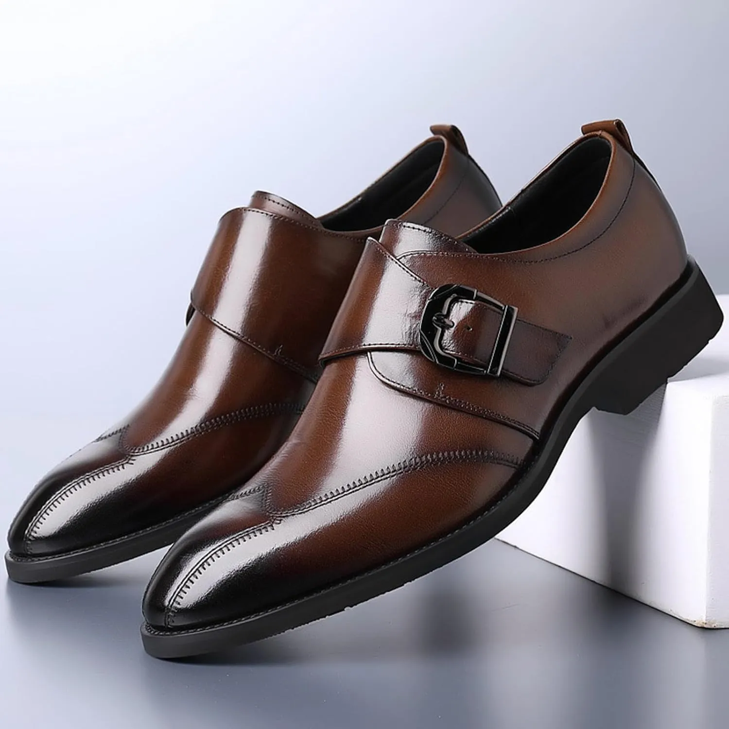 Black Work Shoes Men Business Casual Men Leather Shoes Fashionable New Pattern Simple and Pure Color Pointed Toe Low Heel Buckle Strap Business Comfortable Shoes Brown Shoelaces for Men Dress Shoes