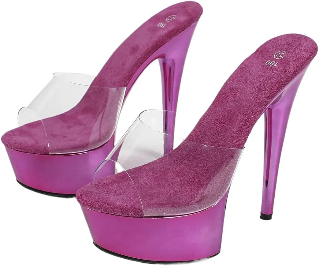 Clear Platform Stiletto Mules, 5.9 Inch Heel, Metallic Pink, Women's Party Shoes