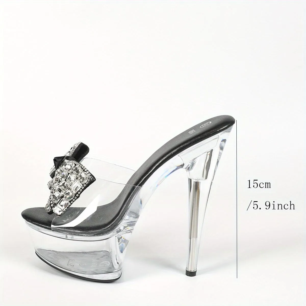 Clear Platform Stilettos with Crystal Bow, 6 Inch High Heels, Black