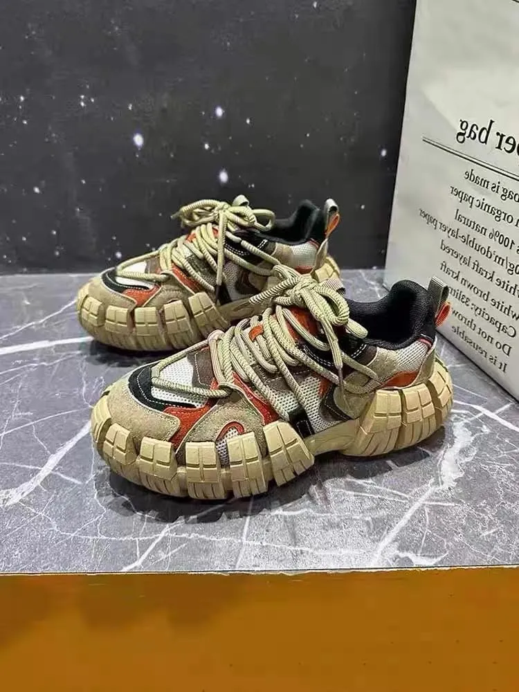 Color-Blocked Comfy Trendy Platform Shoes for Outdoor Walking Jogging Camping, All Seasons Men's Lace Up Sneakers