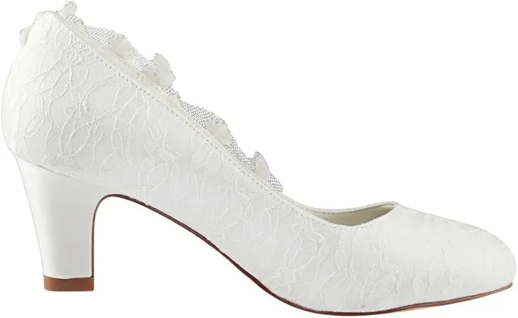 Dress First Wedding Shoes for Bride Wedding Heels Bridal Shoes Satin High Heel Block Heel Closed Toe Crystal Lace Elegant, Ivory, 2.56"