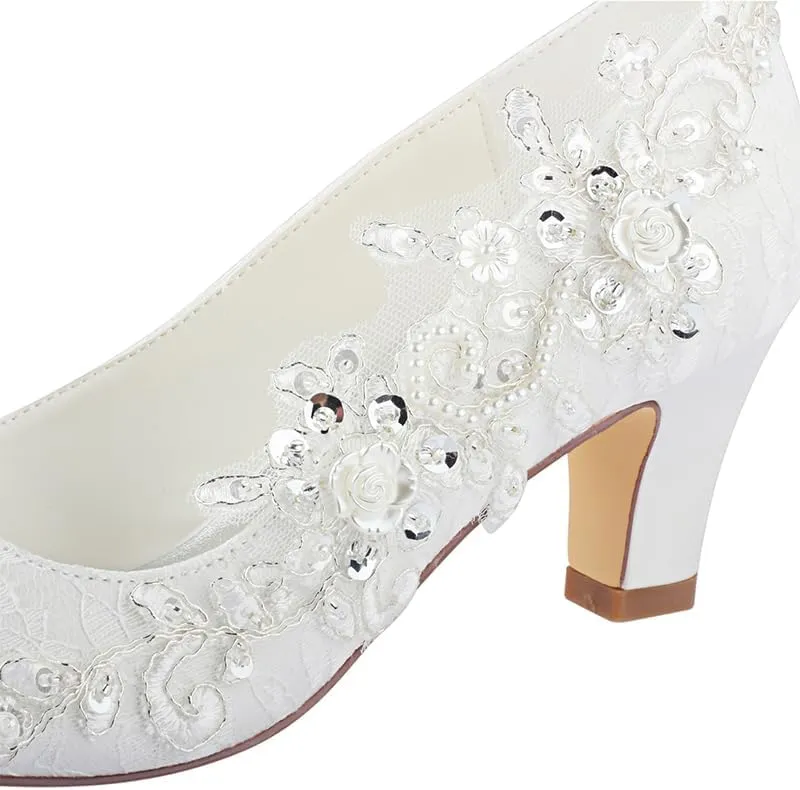 Dress First Wedding Shoes for Bride Wedding Heels Bridal Shoes Satin High Heel Block Heel Closed Toe Crystal Lace Elegant, Ivory, 2.56"
