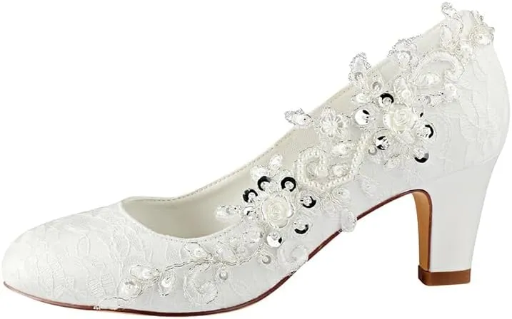 Dress First Wedding Shoes for Bride Wedding Heels Bridal Shoes Satin High Heel Block Heel Closed Toe Crystal Lace Elegant, Ivory, 2.56"