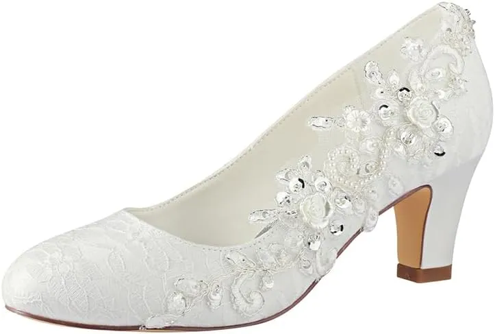 Dress First Wedding Shoes for Bride Wedding Heels Bridal Shoes Satin High Heel Block Heel Closed Toe Crystal Lace Elegant, Ivory, 2.56"