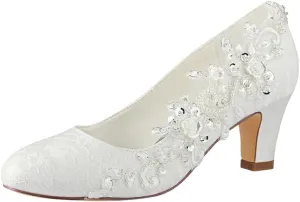 Dress First Wedding Shoes for Bride Wedding Heels Bridal Shoes Satin High Heel Block Heel Closed Toe Crystal Lace Elegant, Ivory, 2.56"