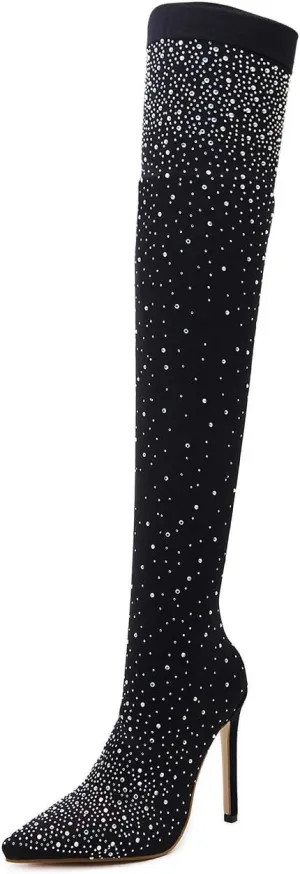 EAGO Women's Crystal High Heel Boots Knee High Crystal High Heels Shoes Rhinestone Zipper Pointed Toe