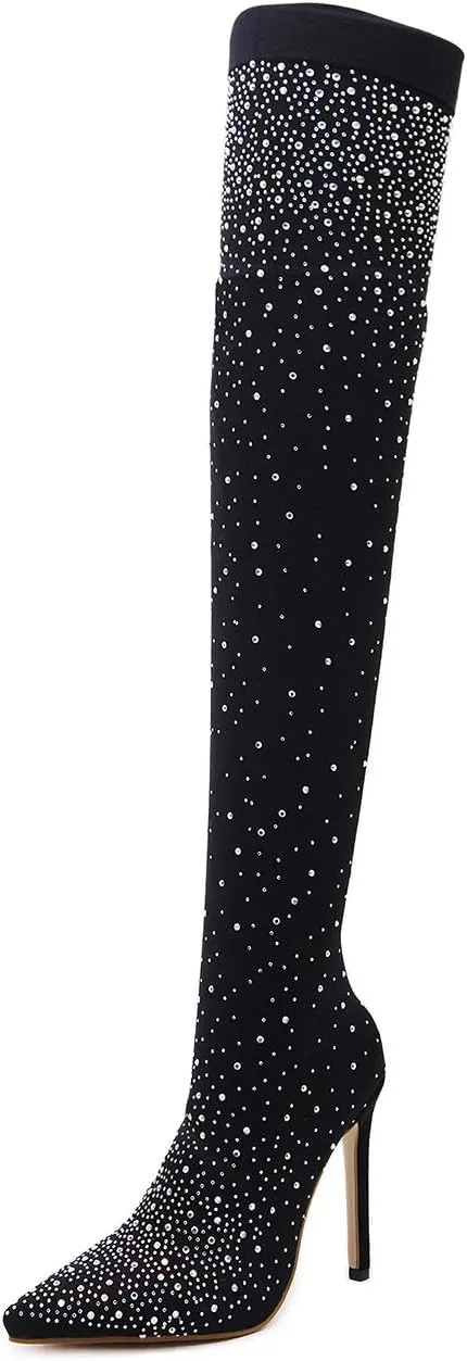 EAGO Women's Crystal High Heel Boots Knee High Crystal High Heels Shoes Rhinestone Zipper Pointed Toe