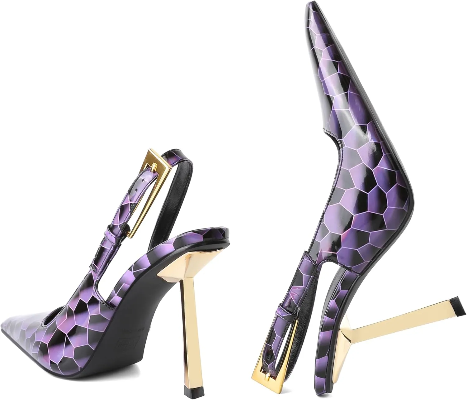 Eldof Slingback Heels for Women Metallic Buckle Square Toe Slip On Gold Stilettos High Heel Pumps Shoes Dressy 4 Inches