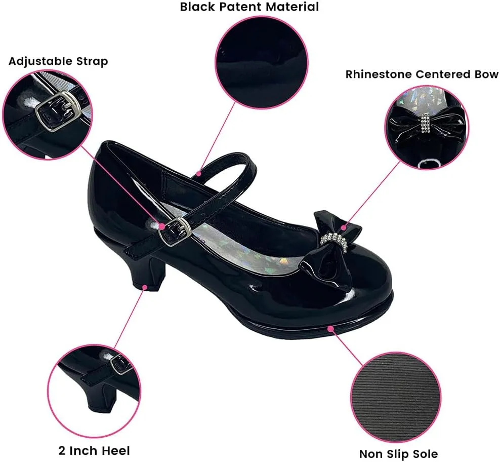 Flower Girl Dress Shoes for Weddings and Christmas - Big and Little Girl 2 Inch High Heel with Sparkle & Strap