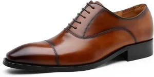 Formal Shoes for Men Lace Up Cap Toe Burnished Toe Genuine Leather Rubber Sole Block Heel Anti-Slip Low Top Classic (Color : Brown, Size : 8.5)