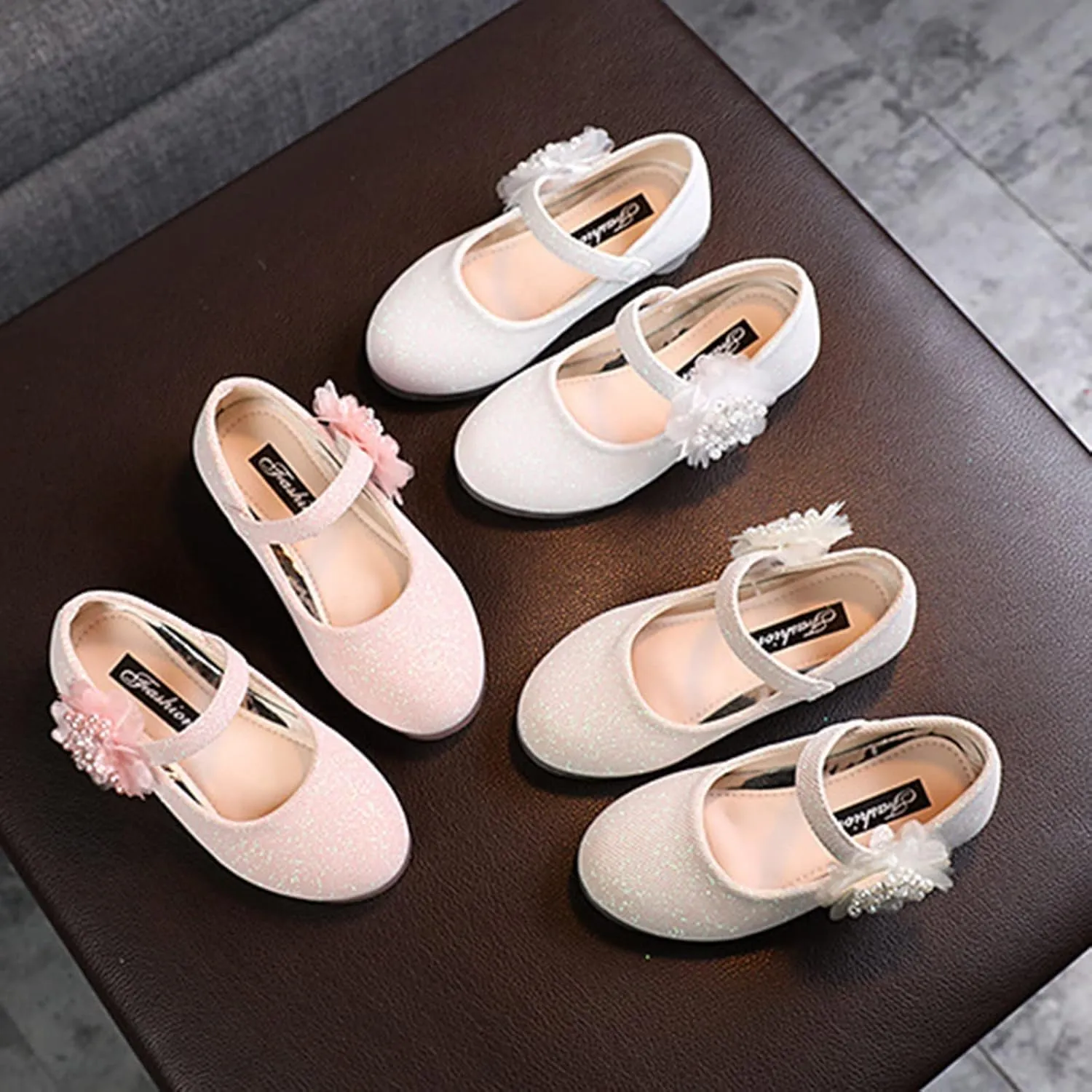 Girls Mary Jane Flats with Flower Low Heels Pump Flower Girl Dress Shoes Toddler Girls School Party Wedding Shoes