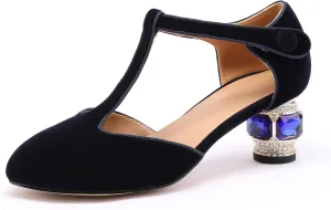 JANSEVEN Women Chunky High Heels Block Heeled Crystal Pumps Unique Jewel Gemstone Heel Round Closed Toe With Rhinestone Suede T-strap Sandals Party Bridal Wedding Shoes