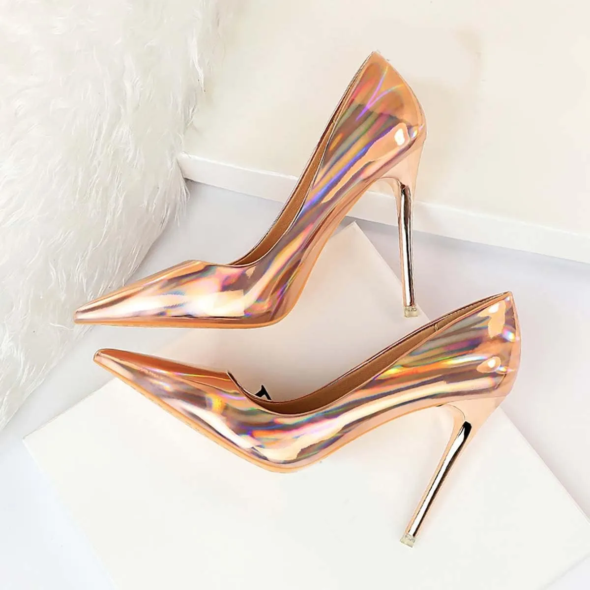 JOEupin Women's Dress Shoes Shiny Pumps Stiletto Fashion Party High Heels Pointed Toe Metallic Club Shoes