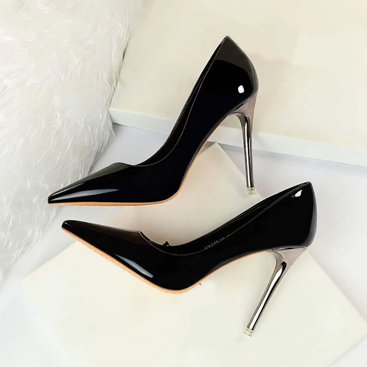 JOEupin Women's Dress Shoes Shiny Pumps Stiletto Fashion Party High Heels Pointed Toe Metallic Club Shoes