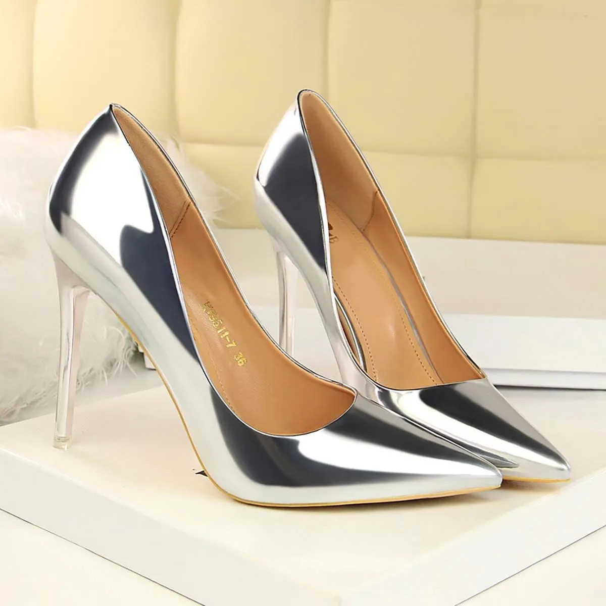 JOEupin Women's Dress Shoes Shiny Pumps Stiletto Fashion Party High Heels Pointed Toe Metallic Club Shoes