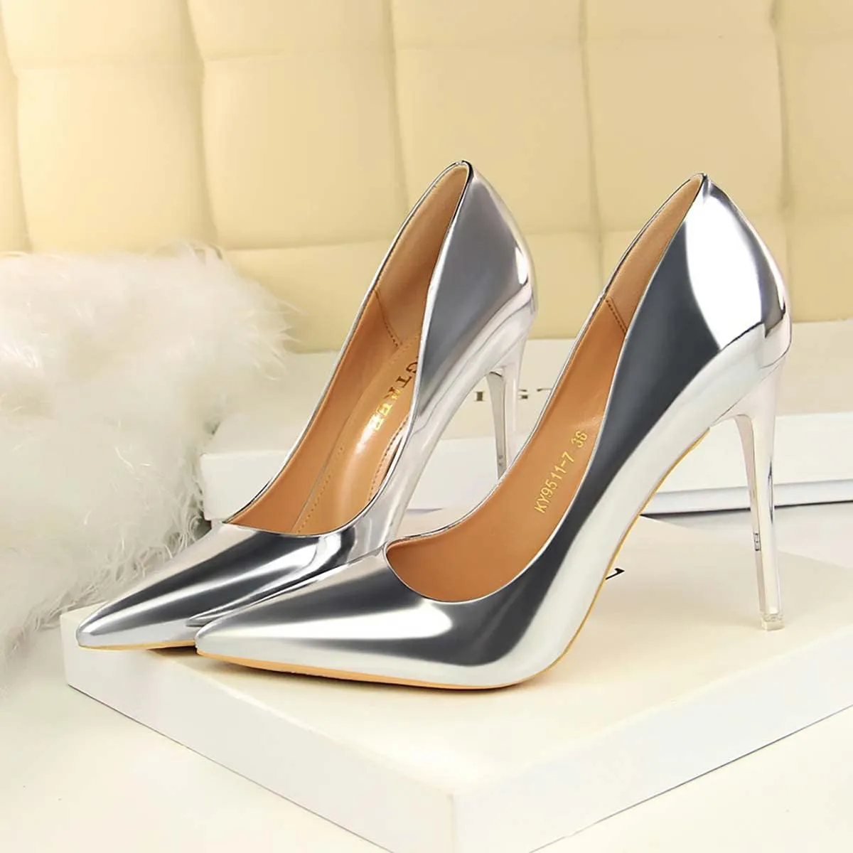 JOEupin Women's Dress Shoes Shiny Pumps Stiletto Fashion Party High Heels Pointed Toe Metallic Club Shoes