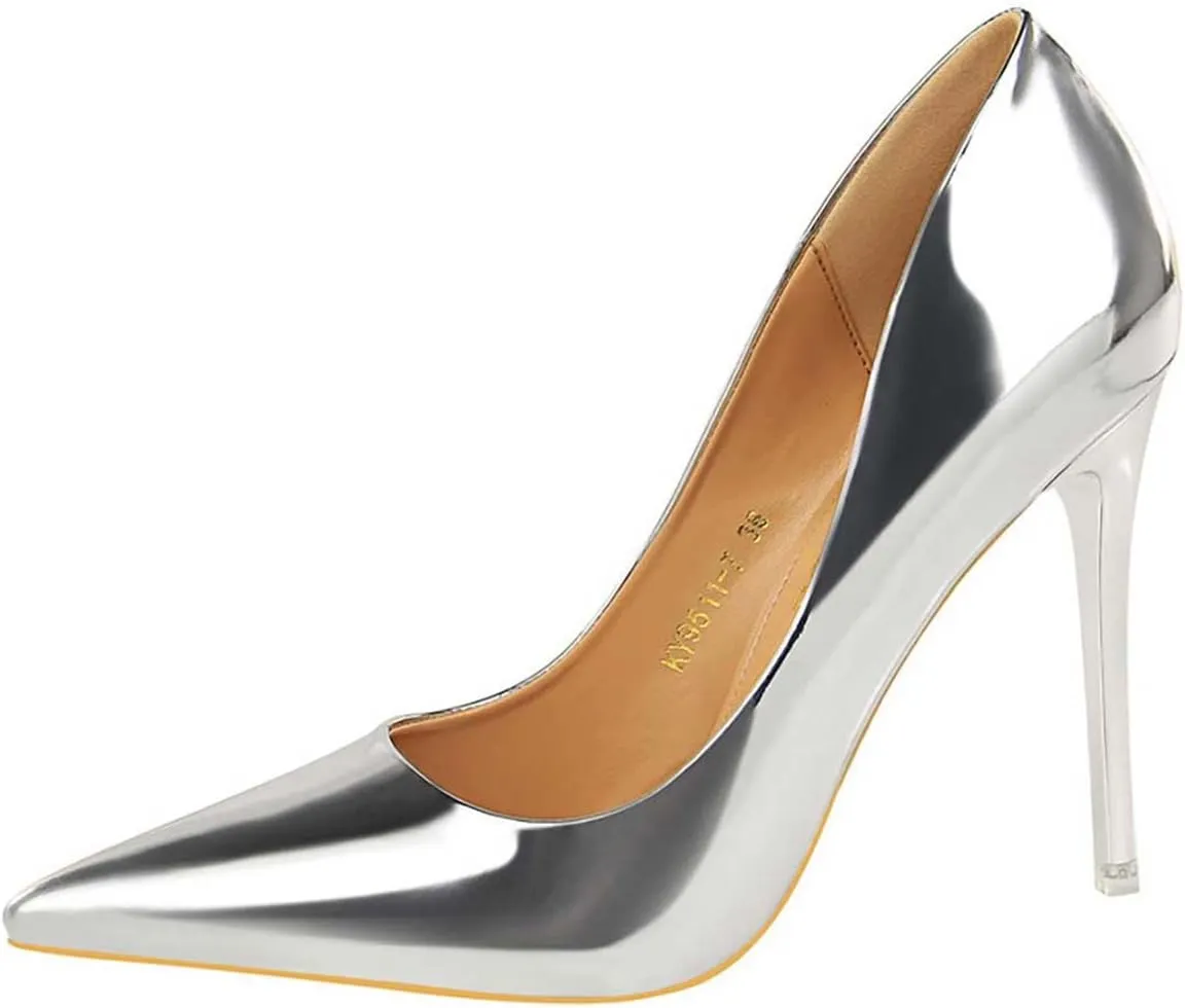 JOEupin Women's Dress Shoes Shiny Pumps Stiletto Fashion Party High Heels Pointed Toe Metallic Club Shoes