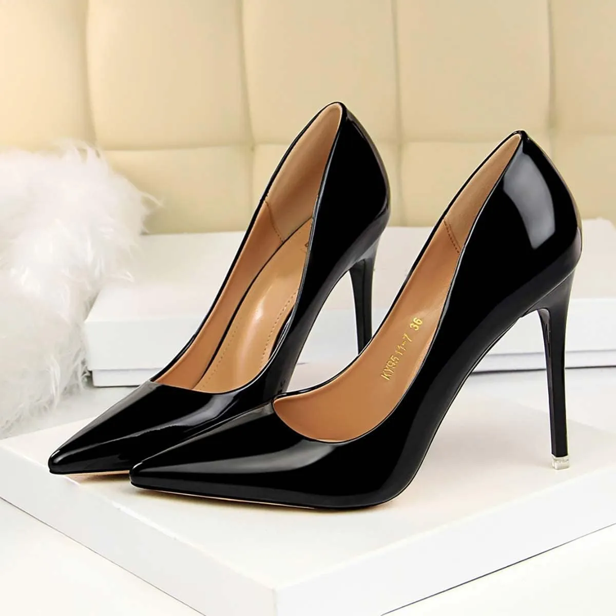 JOEupin Women's Dress Shoes Shiny Pumps Stiletto Fashion Party High Heels Pointed Toe Metallic Club Shoes
