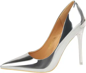 JOEupin Women's Dress Shoes Shiny Pumps Stiletto Fashion Party High Heels Pointed Toe Metallic Club Shoes