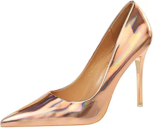 JOEupin Women's Dress Shoes Shiny Pumps Stiletto Fashion Party High Heels Pointed Toe Metallic Club Shoes