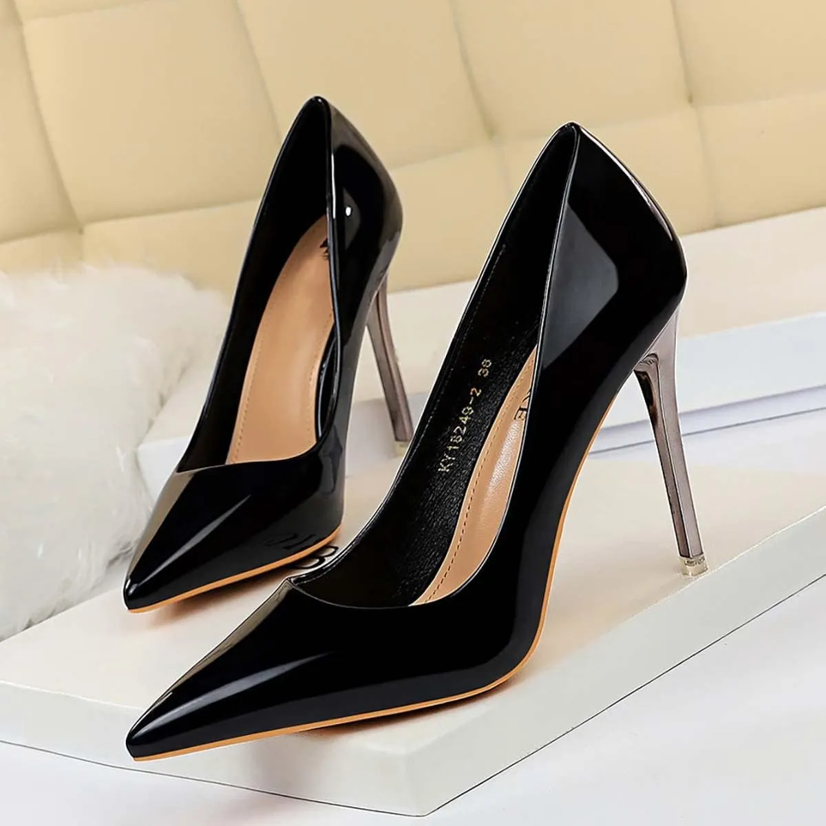 JOEupin Women's Dress Shoes Shiny Pumps Stiletto Fashion Party High Heels Pointed Toe Metallic Club Shoes