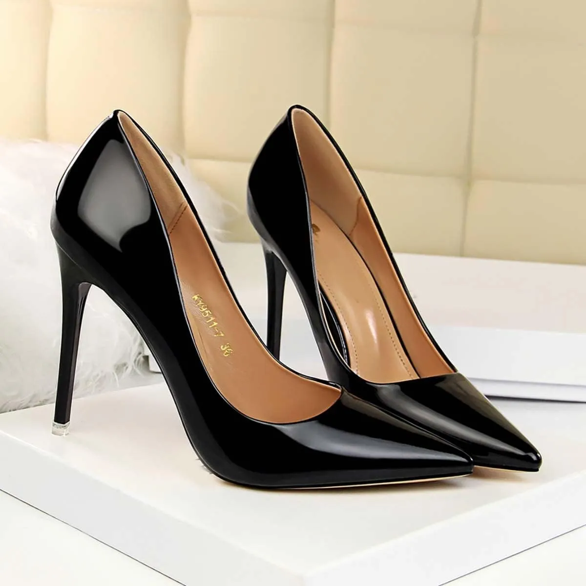 JOEupin Women's Dress Shoes Shiny Pumps Stiletto Fashion Party High Heels Pointed Toe Metallic Club Shoes