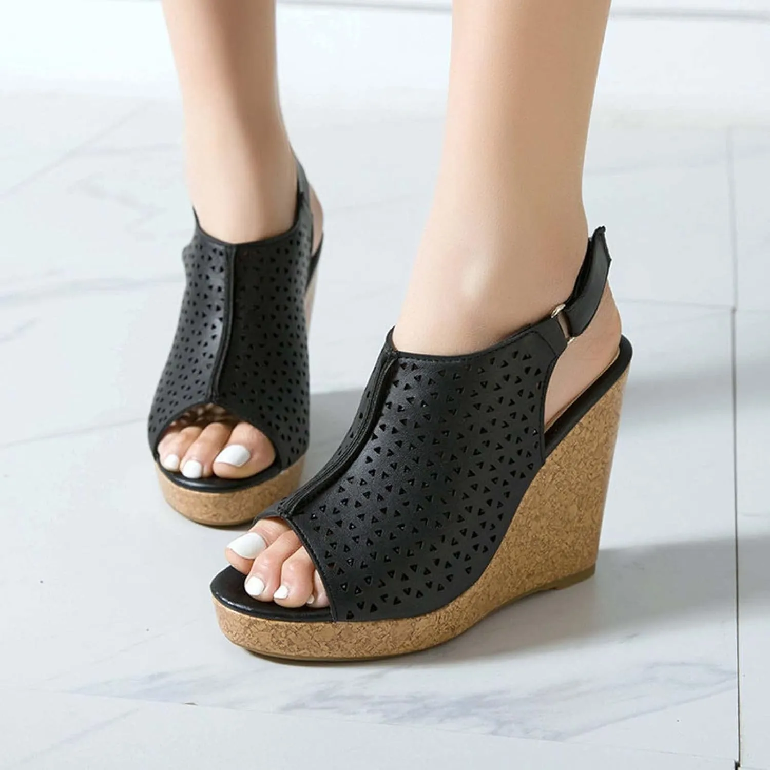 JOEupin Women's Peep Toe Wedge Sandal with Adjustable Strap