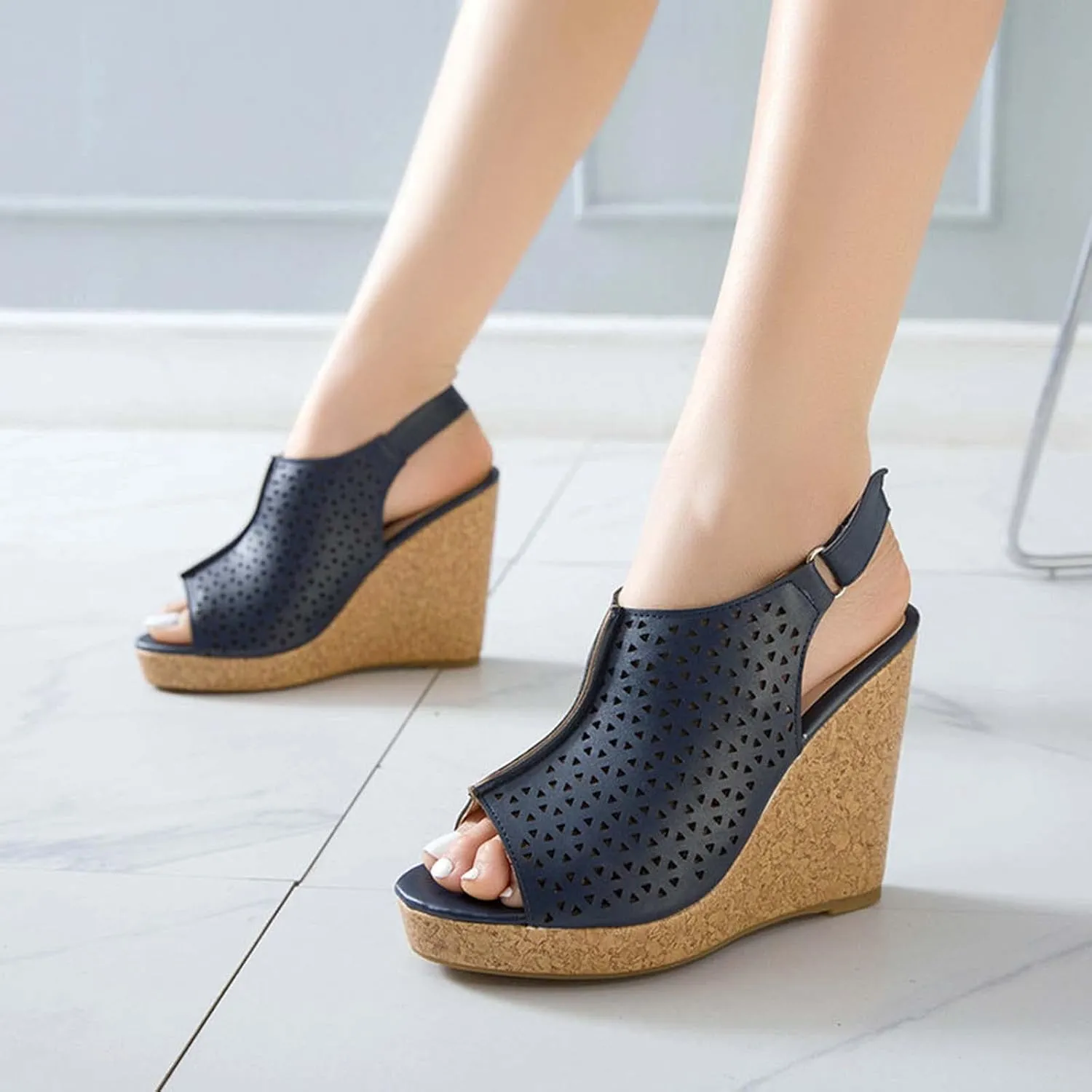 JOEupin Women's Peep Toe Wedge Sandal with Adjustable Strap