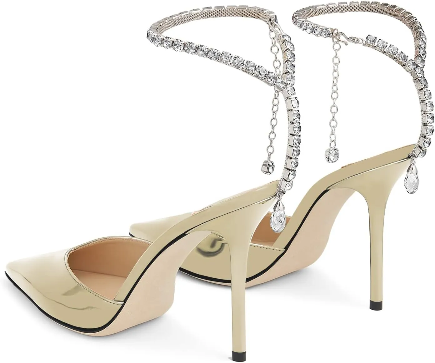 LauraVicci Women's Heeled Sandals Crystal Chain Ankle Straps Rhinestones Embellished Liquid-Metal Leather Stiletto High Heels Slip On Wedding Party Dress Shoes