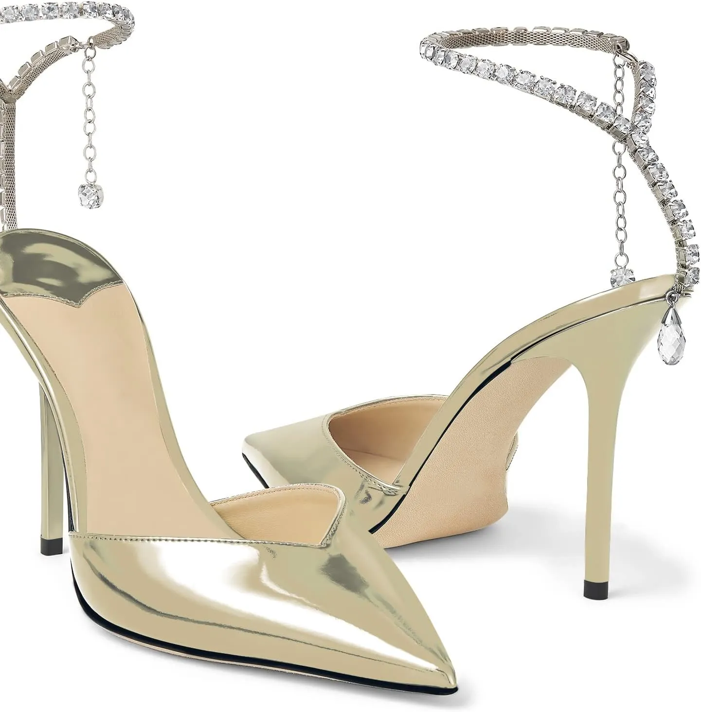 LauraVicci Women's Heeled Sandals Crystal Chain Ankle Straps Rhinestones Embellished Liquid-Metal Leather Stiletto High Heels Slip On Wedding Party Dress Shoes