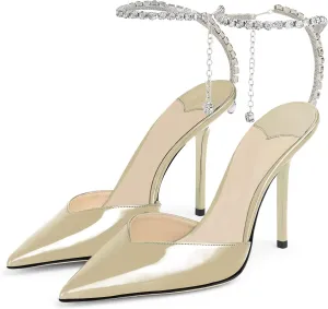LauraVicci Women's Heeled Sandals Crystal Chain Ankle Straps Rhinestones Embellished Liquid-Metal Leather Stiletto High Heels Slip On Wedding Party Dress Shoes