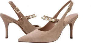Linea Paolo - Yemina - Womens Pearl Festooned Pointy Toe Mary Jane Slingback Suede High Heels