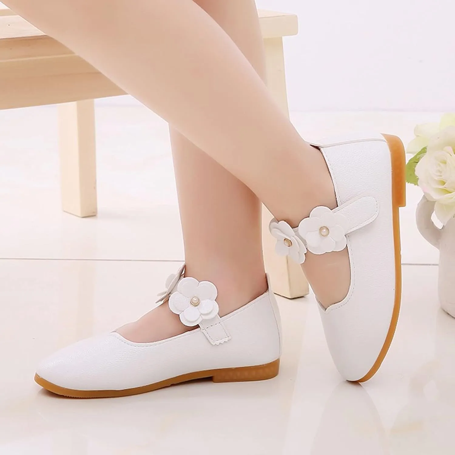 Little Girls Dress Shoes Closed Toe Wedding Party School Ankle Strap Ballet Flats Shoes Big Kids Flower Girl Shoes
