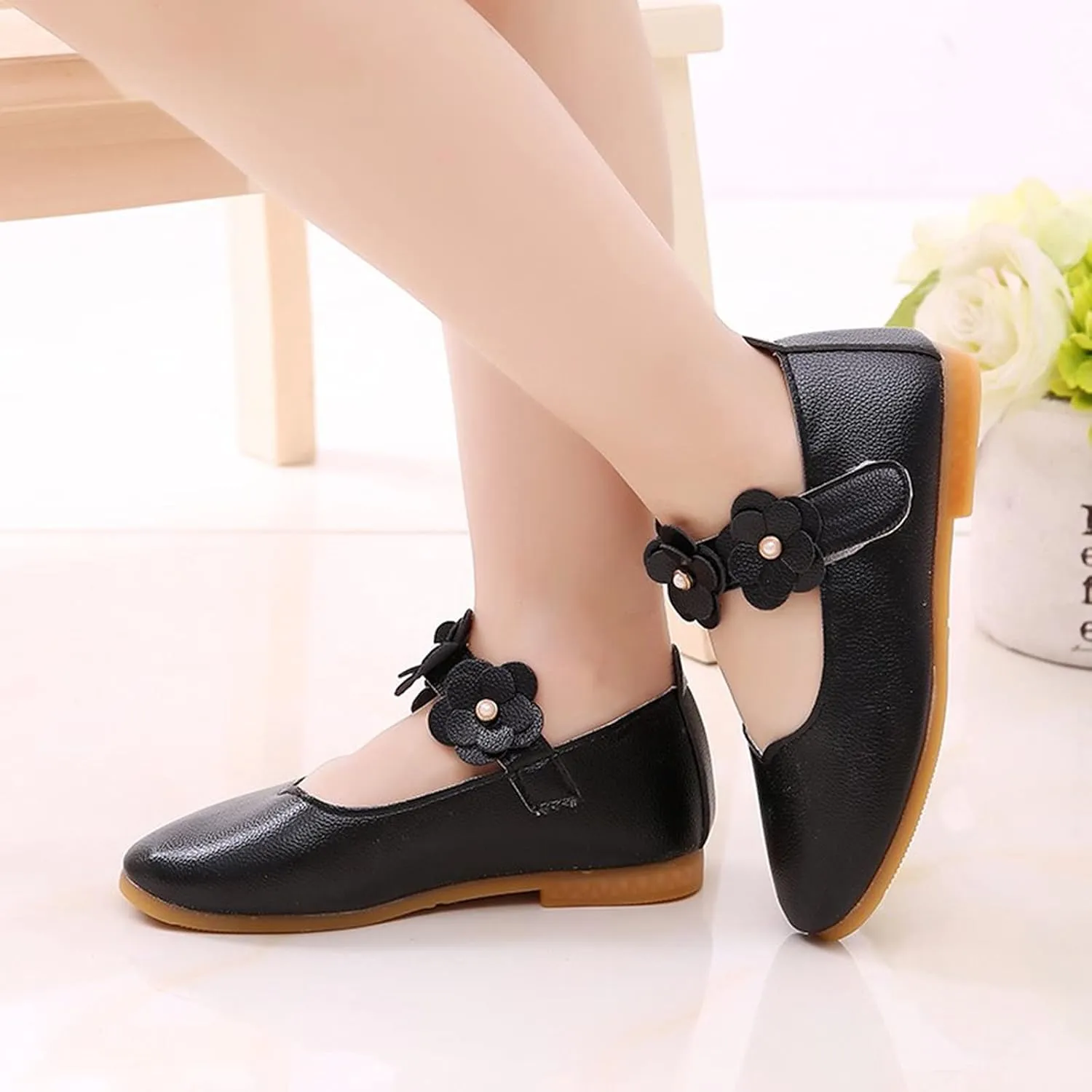 Little Girls Dress Shoes Closed Toe Wedding Party School Ankle Strap Ballet Flats Shoes Big Kids Flower Girl Shoes