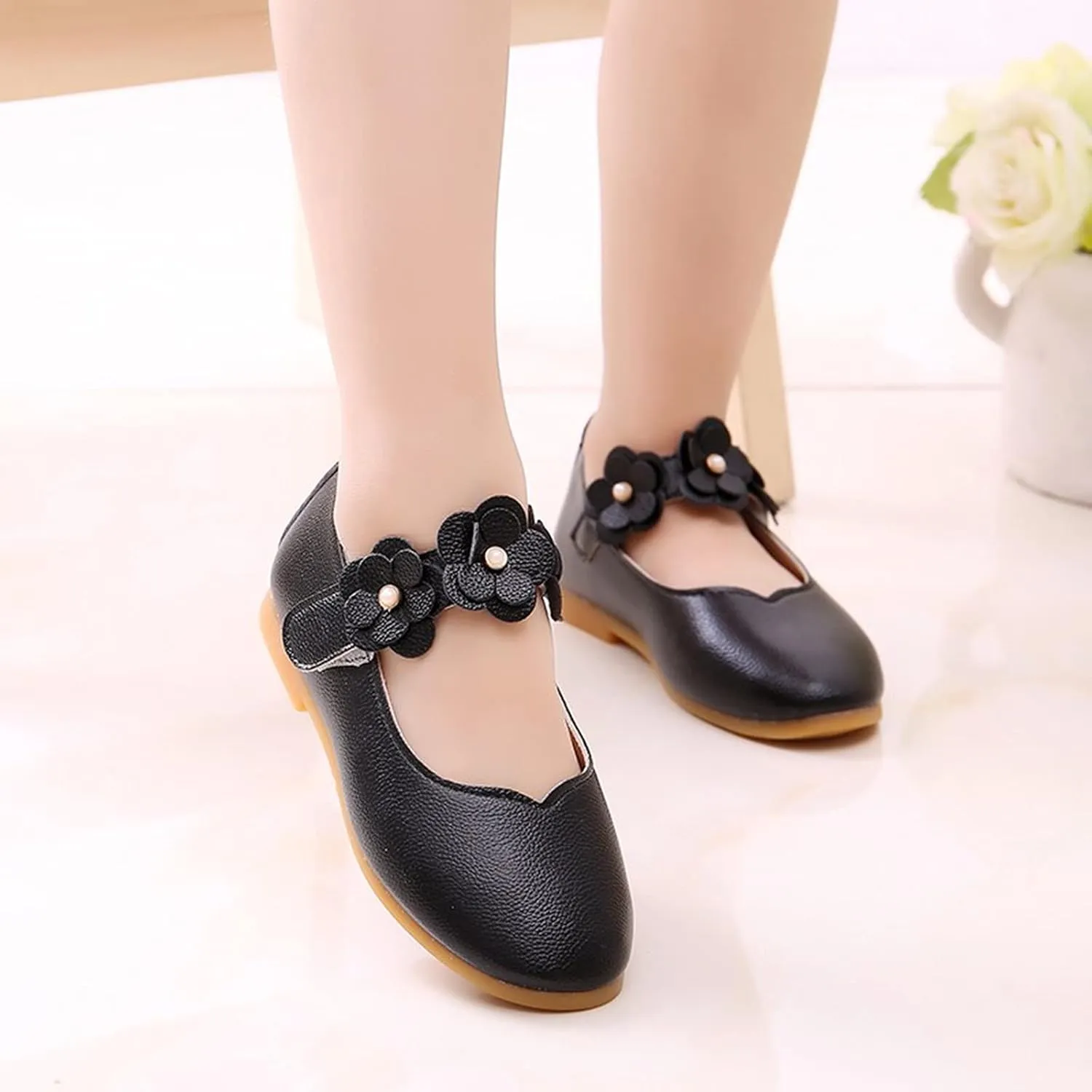 Little Girls Dress Shoes Closed Toe Wedding Party School Ankle Strap Ballet Flats Shoes Big Kids Flower Girl Shoes