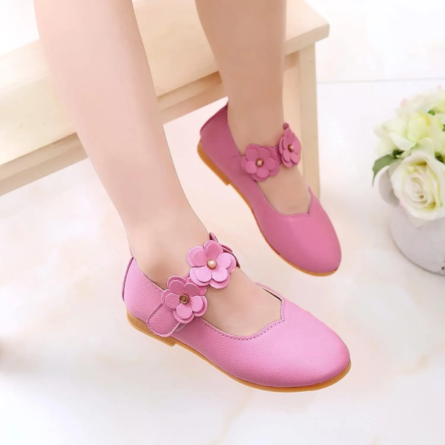 Little Girls Dress Shoes Closed Toe Wedding Party School Ankle Strap Ballet Flats Shoes Big Kids Flower Girl Shoes