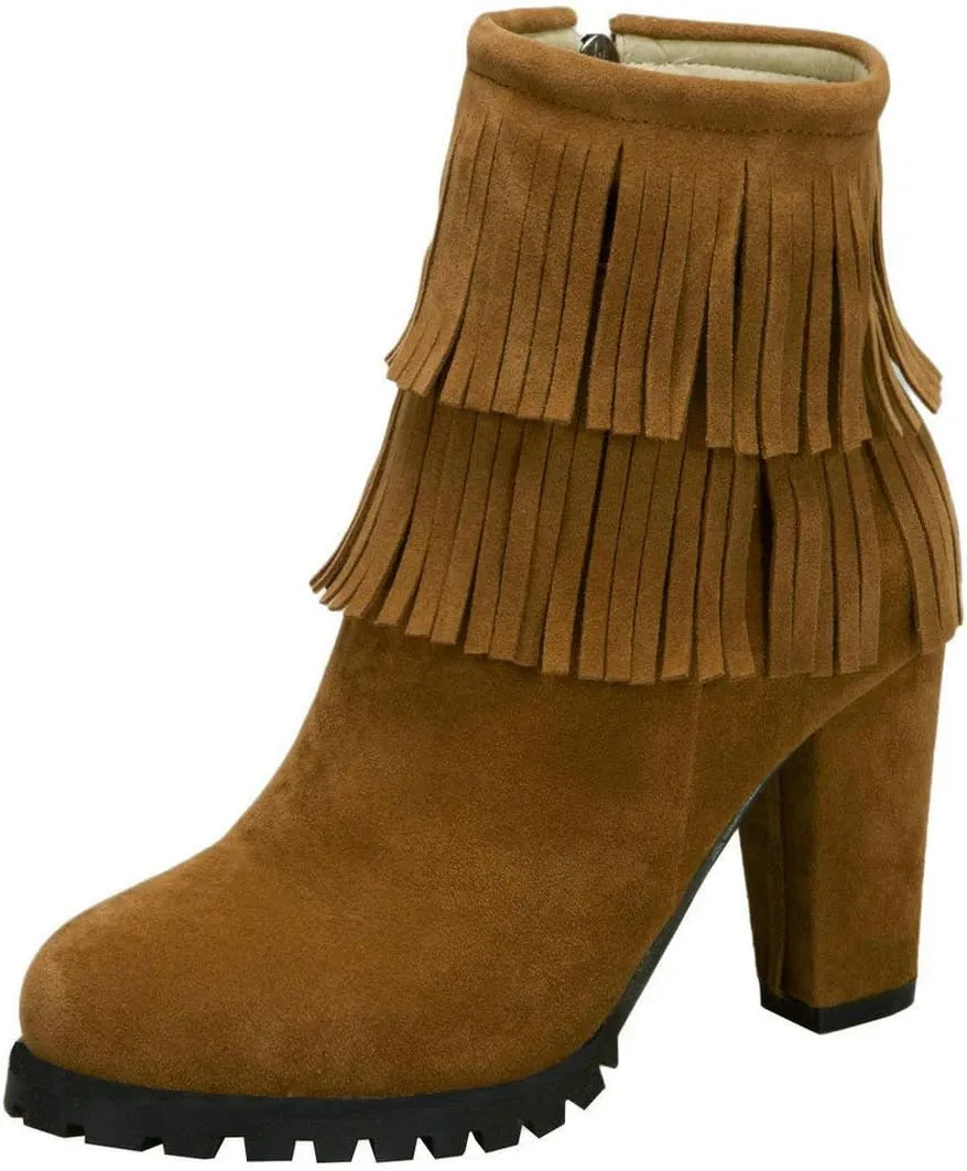 MAVMAX Women's Tassel Fringe Booties Chunky High Heels Faux Suede Ankle Boots