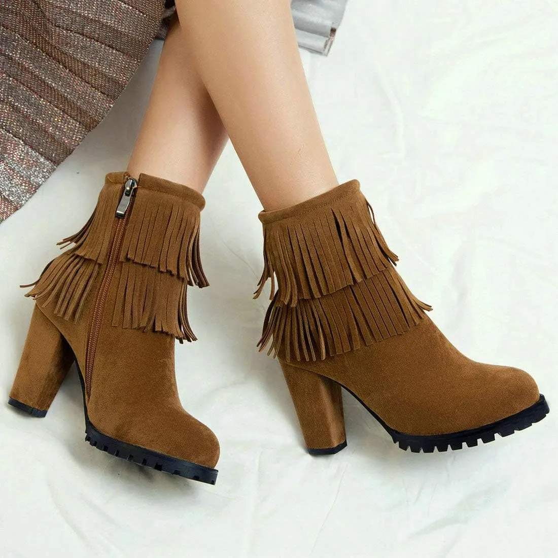 MAVMAX Women's Tassel Fringe Booties Chunky High Heels Faux Suede Ankle Boots
