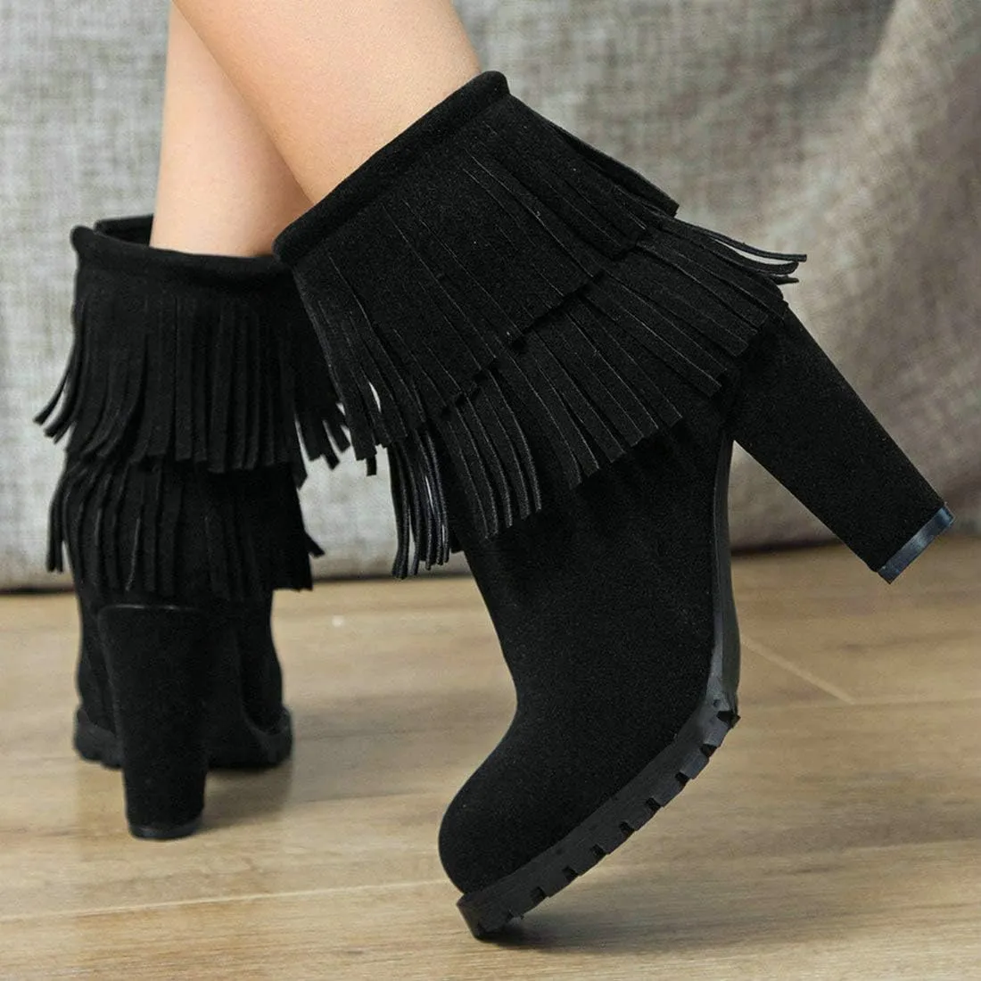 MAVMAX Women's Tassel Fringe Booties Chunky High Heels Faux Suede Ankle Boots